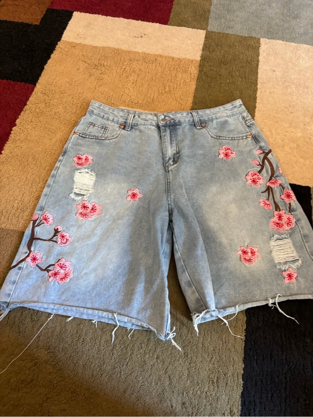 ROMWE Light Blue Denim Shorts with Pink Floral Embroidery